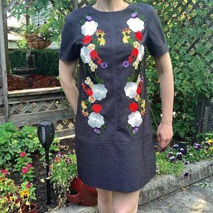 nicole miller embroidered floral denim mini shift dress sz 8